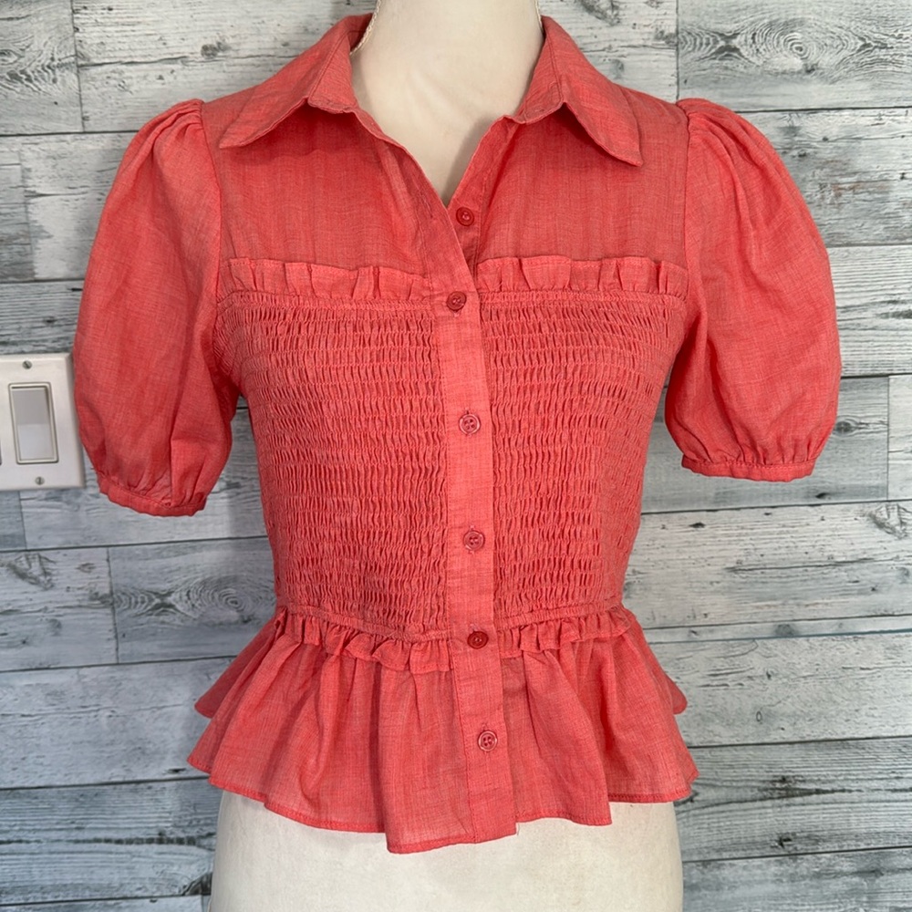 Smocked Peplum Button-Front Blouse in Coral